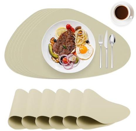 WearLegend Tischset Abwaschbar und Wasserdicht，Leder-Imitat Platzdeckchen Platzsets, rutschfeste Noppen-Unterseite & Schneidbar für Küche & Büro & Party (Beige, Oval-6er Set)