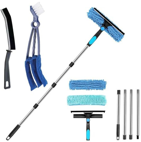 Lot de 9 nettoyeurs de vitres de 3,2 m avec long manche, kit de nettoyage de vitres avec chiffons de rechange et têtes de brosse, 2 en 1 pour salle de bain, douche, verre, miroir