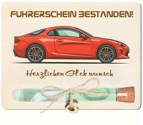 Führerschein Bestanden Geschenk aus Holz, 13 x 10 cm, mit Reagenzglas, Führerschein Geldgeschenk Verpackung, Ideal als Geschenk zum Führerschein, zum Bestehen der Führerscheinprüfung