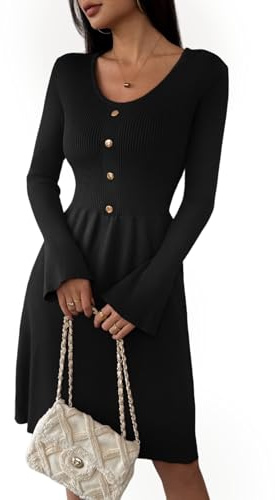 Zeagoo Vestito a maglia da donna a maniche lunghe vestito autunnale scollo a V vestito pullover elegante vestiti invernali tinta unita linea A vestito midi con maniche a tromba, Nero , L