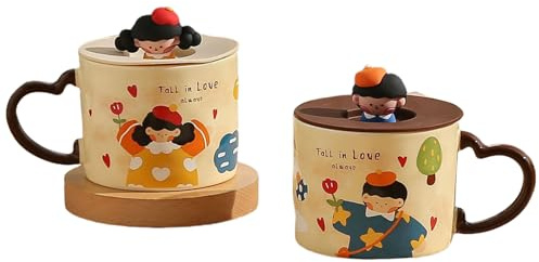 HUMOCHUSON Tazza Divertente Tazza In Ceramica Con Coperchio, Tazza Da Caffè E Latte Per La Colazione Retrò Per Bambini, Adatta Al Microonde, Adatta Alle Coppie