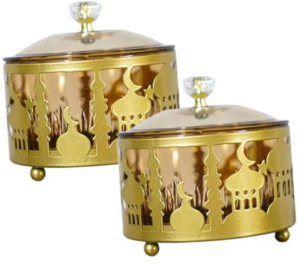 ARTSEWPLY Caja De Dulces Id Al-adjha De Metal Dorado 2 Piezas, Contenedor Para Bocadillos y Frutos Secos, Adorno Para Fiestas y Decoración Del Hogar