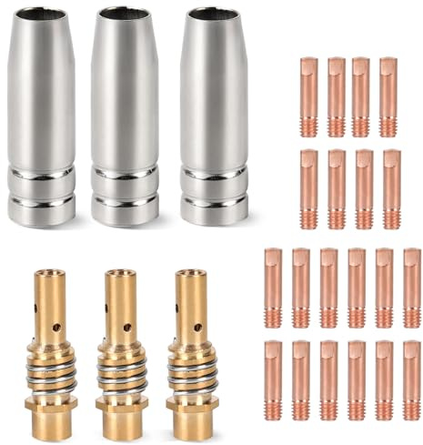 SWAWIS 26 Pièces D'usure pour Poste à Soudure MIG MAG Accessoires avec 20 Embouts de Contact, 3 Buses à Gaz, 3 Tubes Diffuseurs, Accessoires de Soudure pour Poste à Soudure MIG MAG AK15/MB15