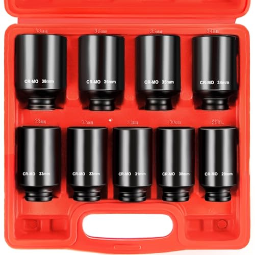 C&T ‌Driveshaft Sockets,9 Piece 1/2 Heavy Duty Impact Socket Set (29, 30, 31, 32, 33, 34, 35, 36, 38mm) – CR-V Metric Axle Hub Nut Set, 6-Point Hex Impact Sockets for Automotive & Machinery