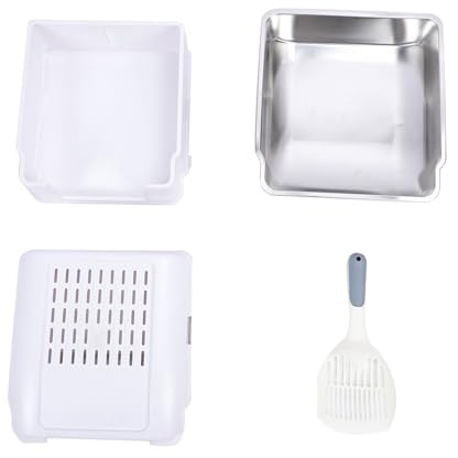 Acouto Boîte à Litière pour Chats Standard en Acier Inoxydable Haut de Face, 16,5x15.4x14.2 Pouces, avec Coffre-Litre pour Chats Couvert de Scoop, Bac à Litière pour