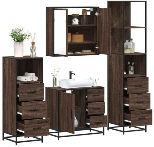4-tlg. Badmöbel-Set Braun Eichen-Optik Holzwerkstoff, Metall, Waschbeckenunterschrank, Spiegelschrank, Badezimmer Schränke, Badezimmer Möbel Set, für Badezimmers und Gästezimmer, 65 x 20 x 60 cm