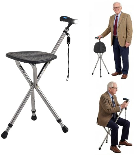 Walking Stick with Seat & LED Light, 2-in-1 Portable Folding Cane Chair, Lightweight Aluminium Foldable Walking Cane Stool Crutch Stool for Elderly Seniors Men Women