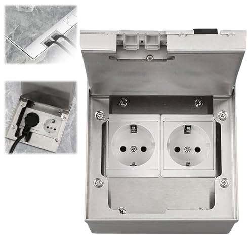 Boîte de Prise de Sol, 16A AC 250V 4000W Prise Dissimulée Encastrée au Sol en Acier Inoxydable avec 2 Prises Européennes, Prise électrique de Sol étanche pour Cuisine, Salon, Bureau, Hôtels, éColes