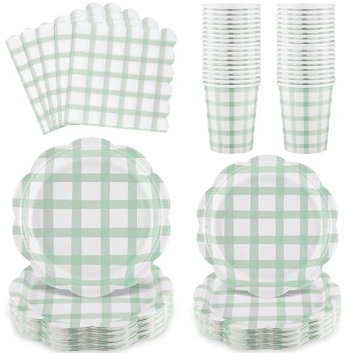 NatNarr Servizio da tavola per feste, 96 pezzi, piatti di carta ondulati verdi, piatti di carta a forma di ventaglio, tovaglioli per compleanni, baby shower, matrimoni, tea party, picnic