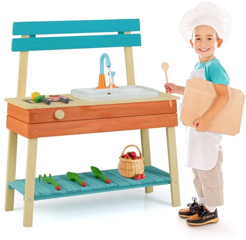 COSTWAY Cocina Juguete Exterior, Cocina Infantil de Barro con Comida, Pinchos de Madera, Parrilla, Perilla Giratoria, Grifo de Circulación y Accesorios, Cocinita Madera Infantil para 3 a 8 Años