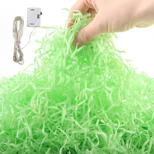 GZGXKJ Herbe de Paques 300g Papier Déchiqueté Vert Plaisir Du Bricolage D'herbe de Pâques Verte avec Lampe Filaire Remplissage Boite Cadeau pour Cadeaux Emballage Paniers et Boîtes