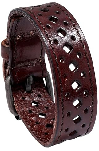 HUIANGLIYG Bracelet Manchette Large En Cuir Pour Homme, Style Rétro, À Découpe Carrée, Avec Boucle Ajustable, En Cuir Véritable, Idéal Pour Un Anniversaire Ou La Fête Des Pères.