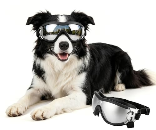 PETLESO Hundebrille für Goße Hunde Anti-UV Winddicht Hunde Motorradbrille mit Einstellbar Gummiband, Hundesonnenbrille für Große Rassen-Silber, L