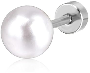 UZYXC Juego de 4 Pares de Pendientes de Perlas para Piercing de Acero 304L (3/4/5/6mm) – Tuerca Plana para Hélix, Cartílago, Lóbulo – Joya Hipoaiergénica Regalo para Mujeres y Niñas