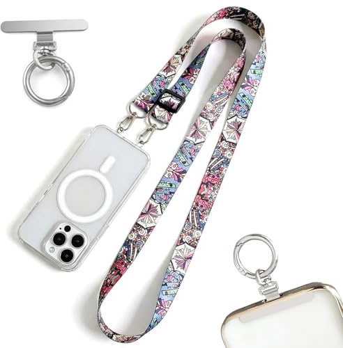 Cordon Téléphone Portable Universel avec 2 Patchs en Acier Inoxydable, Lanière Bandoulière Réglable Style Bohème, Collier Smartphone avec Anneau Métallique pour Coques à 1 ou 2 Trous