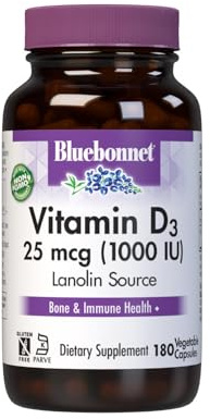 Bluebonnet Vitamin D3 1000 IU 25 mcg - Strong Bones & Immune Support Supplement for Women & Men* Soy-Free, Gluten-Free, Non-GMO, Vegetarian - Highly Absorbable Vitamin D - 180 Veggie Capsules
