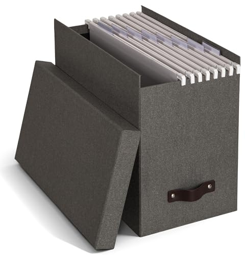 Bigso Box of Sweden Contenitore per documenti con coperchio - Raccoglitori da scrivania con 8 cartelle sospese - Raccoglitori documenti in fibra di legno e carta effetto lino - grigio