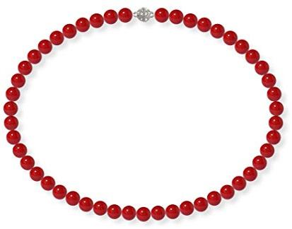 Schmuckwilli Perlenkette für Damen Magnetverschluß - mit roten runden Perlen - Elegante Kette mit Muschelkernperlen für jeden Anlass - die Halskette - Choker Pearl Necklace für Frauen