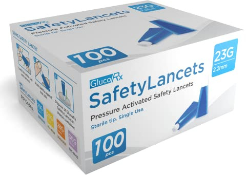 GlucoRx 23 g/2.2 mm Safety Lancets, Total 100 (Eligible for VAT relief in the UK)