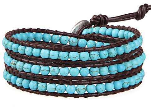 KELITCH Bracelets Tour De Turquoise Bracelets En Cuir Tissés Bracelets De Perles Fait à La Main