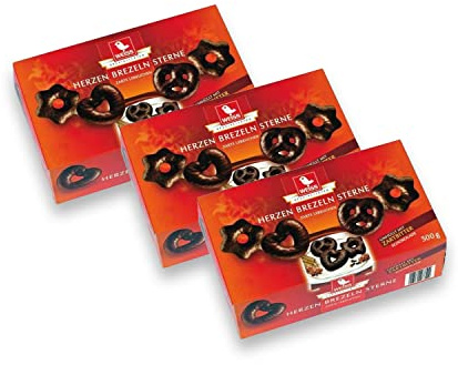 Weiss zarte Lebkuchen Herzen, Sterne, Brezeln Zartbitter 3er Set (3x500g Box rot)