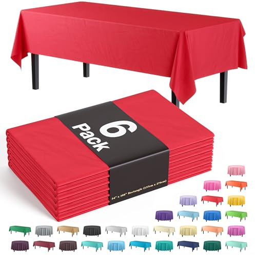 Party Solids Pack Of 6 Premium Plastic Tablecloth 54 Inch x 108 Inch Rectangle Plastic Table Cover - Red