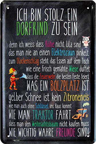 WOGEKA ART Retro Blechschild Ich bin stolz ein Dorfkind zu sein witziger Spruch als Geschenk-Idee zum Geburtstag Weihnachten zur Dekoration 20x30 cm Vintage-Design aus Metall 109