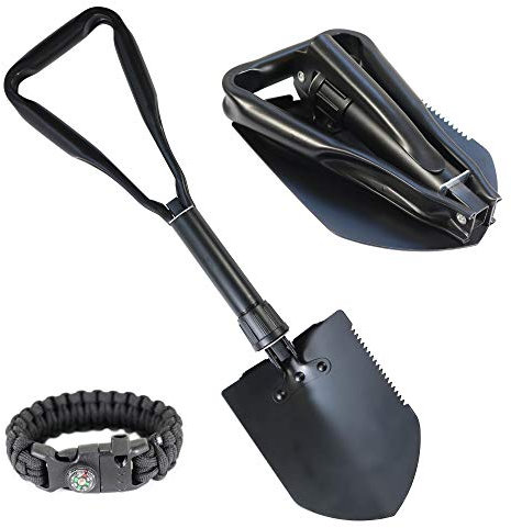 Cascobay Große 61 cm Camping dreifach faltbare Survival Schaufel mit Plektrum, Hacke, Säge – Tragetasche und Notfall-Parac-Armband – faltbarer robuster Militär-Stil für Gartenarbeit, Schmutz, Schnee