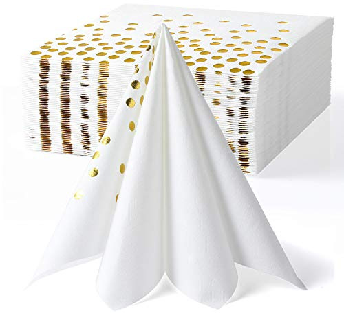 MORGIANA 50 Stück weiße und goldene Servietten, Einwegservietten, umweltfreundlich, für Hochzeit, Party, Geburtstag, Abendessen, Allerheiligen, Katharina, Weihnachten (40 x 40 cm)