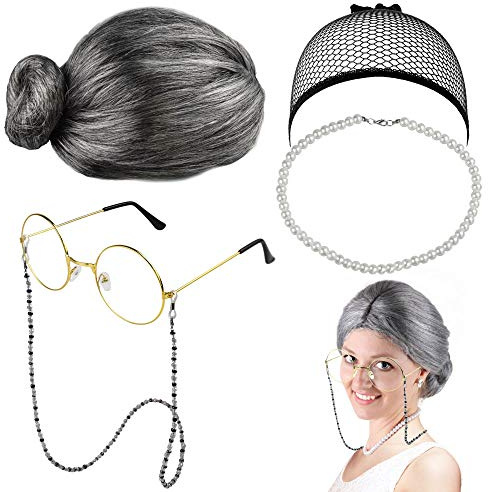 EMAGEREN Kit Parrucca da Nonnina per Travestimento Grigio Nonna Parrucca Nonna Occhiali Collana di Perle Artificiali Gioielli Parrucche Realistica ed Elegante per Feste, Cosplay e Costumi