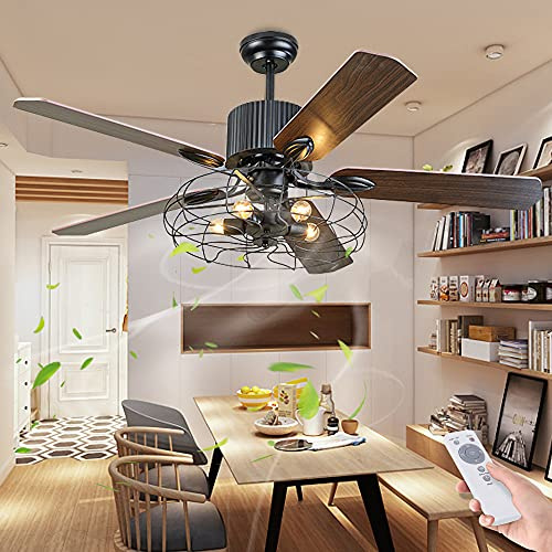 Deckenventilator mit dimmbarer E27 LED Beleuchtung und Fernbedienung - Retro Lüfter Kronleuchter für Wohn-, Schlaf- und Esszimmer - Loft Stil