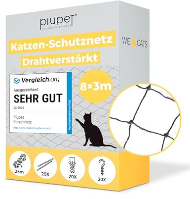 PiuPet® Katzennetz Drahtverstärkt I 8x3m I schwarz I Befestigungsset inklusive I Katzennetz für Balkon | Katzengitter Fenster | Katzen Fensterschutz