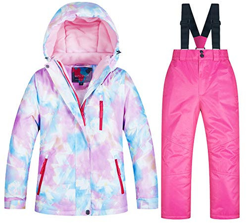 LPATTERN Kinder Jungen/Mädchen Snowboard & Skifahren Bekleidung Zweiteilig Skianzug Schneeanzug Outfit-Set Winddicht Wasserdicht (Skijacke+ Skihose mit Trägern), Mädchen 1 +Rosa, 152-158(Label:16)