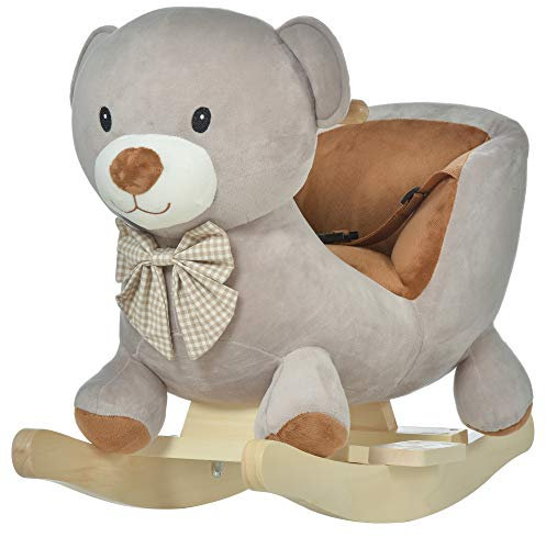 HOMCOM Caballito Balancín para Bebé de 18-36 Meses Caballo Balancín de Peluche Suave con Forma de Oso con Sonido Manillar y Reposapiés 60x33x50 cm Gris