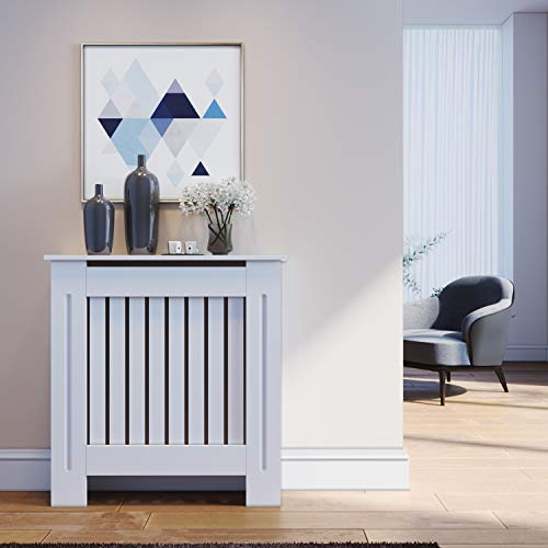 ELEGANT Small Radiator Covers with Vertical Slat Pattern, 19Dx78x81.5H cm | White Painted Cabinet Radiator Shelf for Living Room/Bedroom/Kitchen/Hallway