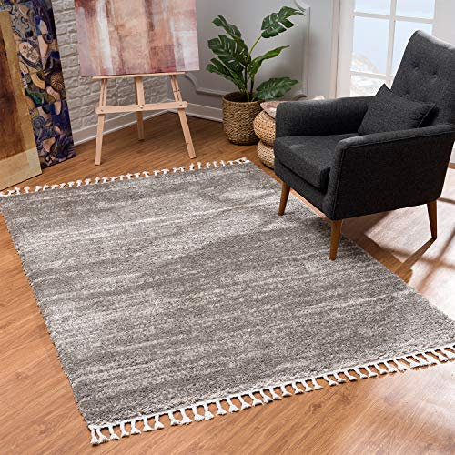 MyShop24 Teppich Wohnzimmer Shaggy - Grau Meliert 160x230cm - Deko Schlafzimmer Hochflor mit Fransen Flauschig - Oeko Tex 100 Standard - Allergiker geeignet