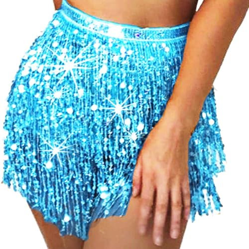 Flovel Pailletten Rock Blau Quaste Bauchtanz Hüfttuch Rave Kostüm Fransenrock Halloween Rave Outfit für Damen