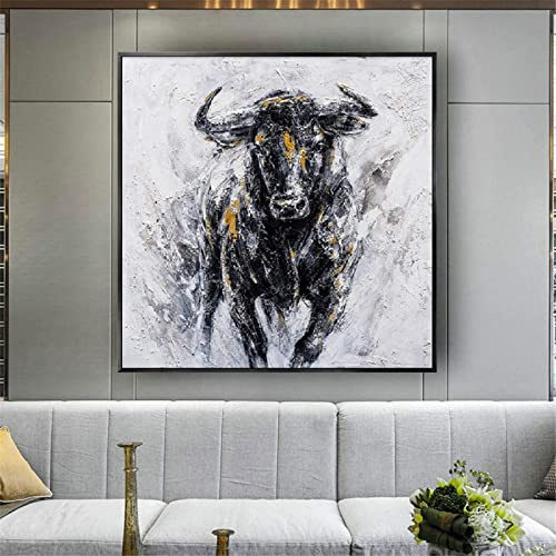 Jianghu Art Starker Stier Ölgemälde Große Größe Große Abstrakte Leinwand Bild Wandkunst Schwarz Weiß Dekor Wandbild Bürorahmen Poster 70x70cm(28x28in) mit Rahmen