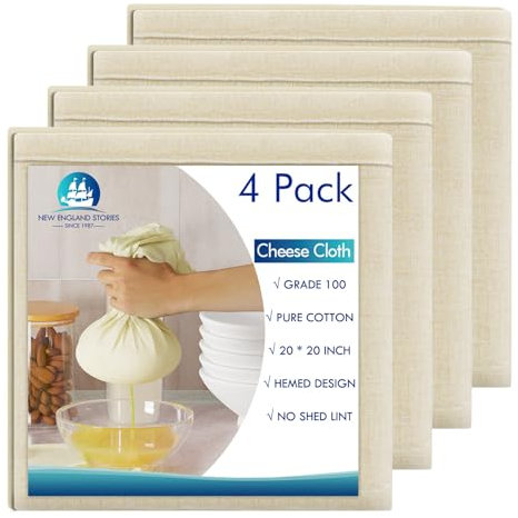 4 PCS Reusable Cheesecloth, Grade 100, 20x20 Inch Hemmed Cheese Cloth for Straining Craft, 100% Cotton Unbleached Cloth Strainer for Cooking, Baking, Juicing, Cheese Making