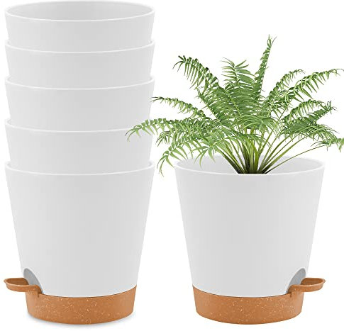 wintfarm Blumentopf,16,5cm 6er Set Pflanztopf mit Bewässerungssystem, Selbstbewässernder Übertopf mit Untersetzer,pflanzkübel Indoor Plants Pot, Blumentöpfe Set Ideal für Innen und Balkongärten(Weiß)