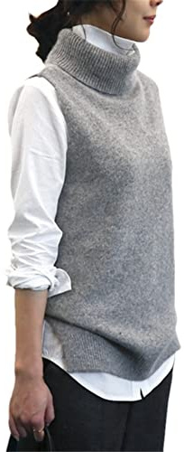 Damen Rollkragenpullover, ärmellos, aus 100 % Kaschmir, Strickpullover, einfarbig, grau, Medium