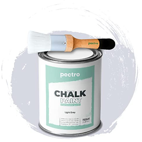 PECTRO Chalk Paint Vernice a Gesso 750ml + Pennello Tondo in Legno Pack - Pittura per Mobili Senza Carteggiare - Chalk Paint Bianco e Colori per legno Efetto Polvere (GRIGIO CHIARO)