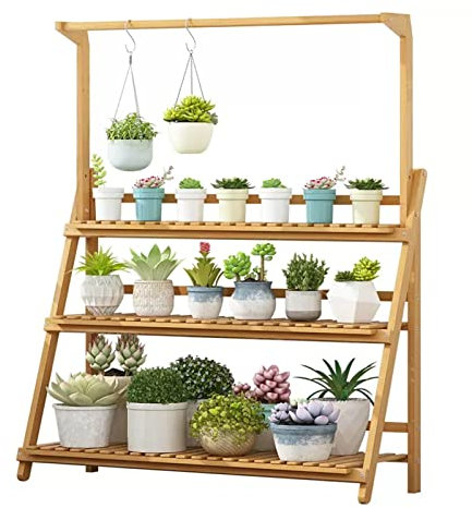 Stufiger Blumentreppe Pflanzenständer mit Hängestange, Blumenregal Blumenständer Aufbewahrung Pflanzentreppe für Garten Terrasse Ecke, Indoor Outdoor Pflanzer Stehende Regal, 3 Tier (Size : 50x33x124