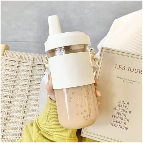 Delmkin Bubble Tea Gobelet à smoothie avec couvercle et paille 500 ml Gobelet réutilisable en verre pour boba, thé, jus de fruits, café