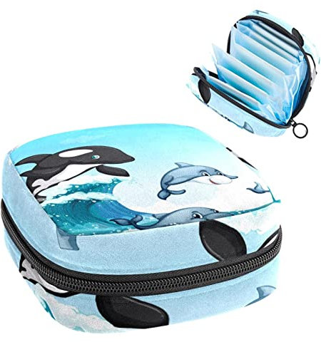 Period Pouch Tragbare Tampon-Aufbewahrungstasche, Tampon-Halter für Geldbörse, feminines Produkt-Organizer, Delfine schwimmen im Ozean, Mehrfarbig, 4.7x6.6x6.6 in/12x17x17 cm