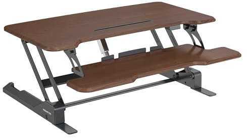 Mount-It! Electric Standing Desk Converter with 38 Tabletop, Height Adjustable Desk Riser, Motorized Desk Riser with Keyboard Tray and Device Slot, Fits Monitor & Laptop, Dark Walnut