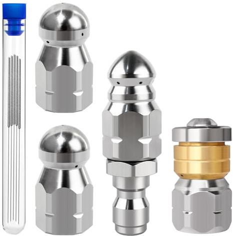 4PCS Pressure Washer Sewer Jetter Nozzle Kit - Stainless Steel Rotating Nose Jet Tip, Different Model Drain Spray Heads, 1/4'' NPT Quick Connector, 5000 Psi for Pipe Clog Cleaning