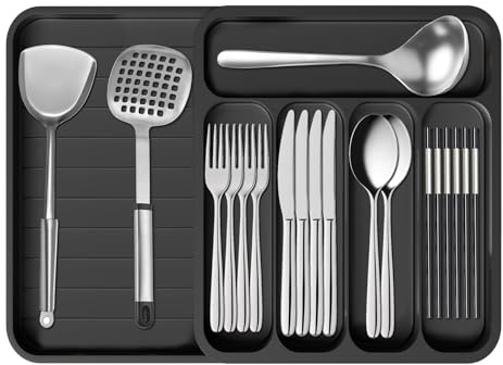 YIWONFU Bilayer Cutlery Drawer Organiser (34.4x32.5x5 cm), 5 Compartment Expandable Food Grade Plastic Cutlery Holder Tray for Kitchen Adjustable to 59cm in Length