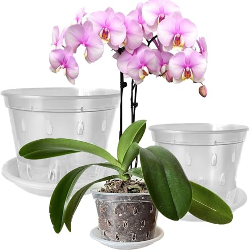 Mesoar Orchideentöpfe aus transparentem Kunststoff, mit Löchern und Untersetzern, für Pflanzen, Blumentöpfe zum Umtopfen von Orchideen, für den Innen- und Außenbereich (9, 3 Stück je 11 cm, 14 cm, 17