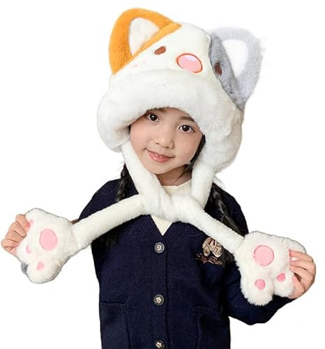 MEGAHERZ Kindermütze, kleines Kaninchen, Plüschmütze, Schal, Mütze, All-in-One-Mütze, für Damen und Herren, mit dem gleichen Ohrenschutz, winddicht, Katze Hedy, Einheitsgröße